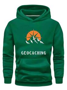 Sudadera con capucha de talla para hombres con patrón de GEOCACHING - Negra, diseño de silueta de montaña, ajuste holgado, poliéster, manga larga, bolsillo delantero, lavable aáquina, ropa casual para exteriores, talla - Negro - Ver 8