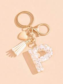 26 Choices Red Epoxy First Initial Letter Keychain, Cute Heart Tassel Keychain, Fashion Bag Accessory Wallet Charm Pendant, Party Favors, Suitable As Gifts For Friends - Beige - View 24