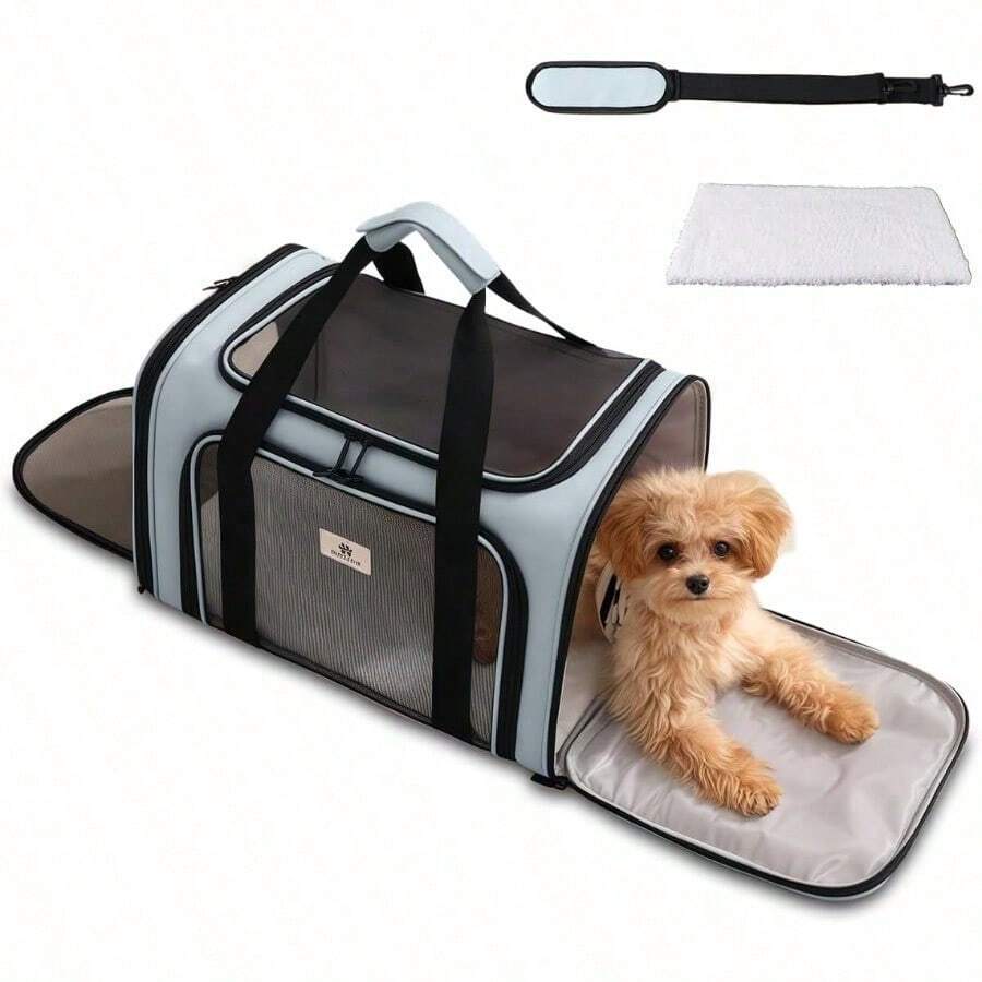 ASBolsa de Transporte para Mascotas Transportador Portatil y Plegable para Carros y Cachorros con Tirantes de Hombro y Colchon Suave Mochila Transpirable para Viajes Campamentos y Automoviles - MorandiBlue - Ver 1