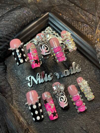 10片长方形美甲贴片，粉色美甲，黑银玫瑰红法式美甲，3D玫瑰星光亮片彩色钻石钢制美甲贴片，美甲宝石配件装饰，手绘圆点水滴几何图案，Y2K风格可佩戴美甲套装，适合女性和女孩日常佩戴，也适合派对和情人节佩戴（包含：一片果冻胶和一条摩擦条）