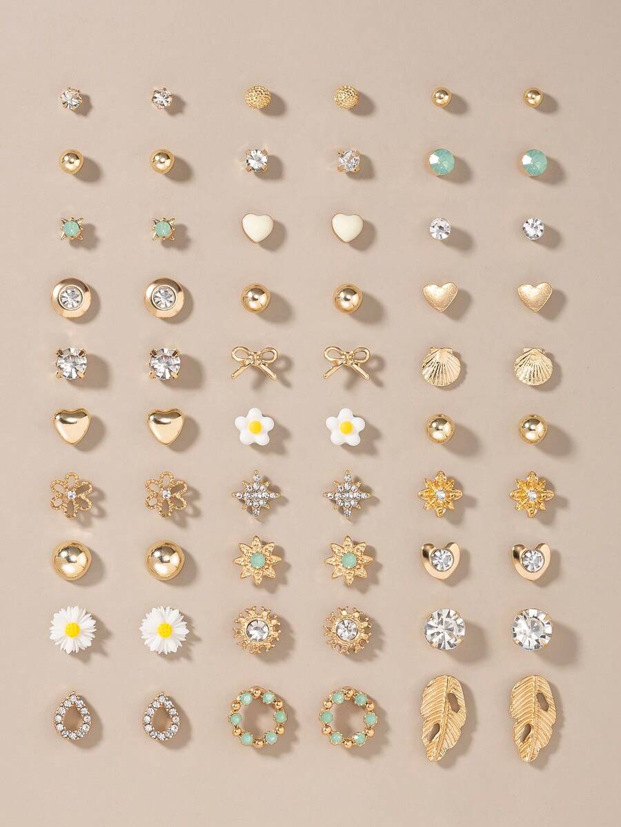 30对/套 金属仿珍珠耳钉，简约可爱时尚，心形、水滴形、蝴蝶形、水钻形、花朵形、太阳形设计，款式多样，适合日常佩戴，女士礼物