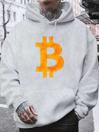 Hombre Sudadera con Capucha Gris con Estampado de Bitcoin Naranja para Uso Diario y Social en Otoño Invierno