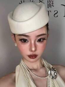 1pc Solid Color Wool Beret Hat, Elegant High-End French Style White Fascinator Hat, Suitable For Wedding, Party, Flight Attendant, New Fashion Accessory For Women