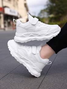 3-14 Years Old Teenagers' Sports Shoes, Mesh & PU Leather Upper, Breathable, Suitable For Spring, Summer, Autumn & Winter, Back To School, New Design, Lightweight, Non-Slip Rubber Sole, Hook And Loop Closure For Easy On/Off, Suitable For Running, School, Outdoor, Training, 4 Colors Available - White - View 2