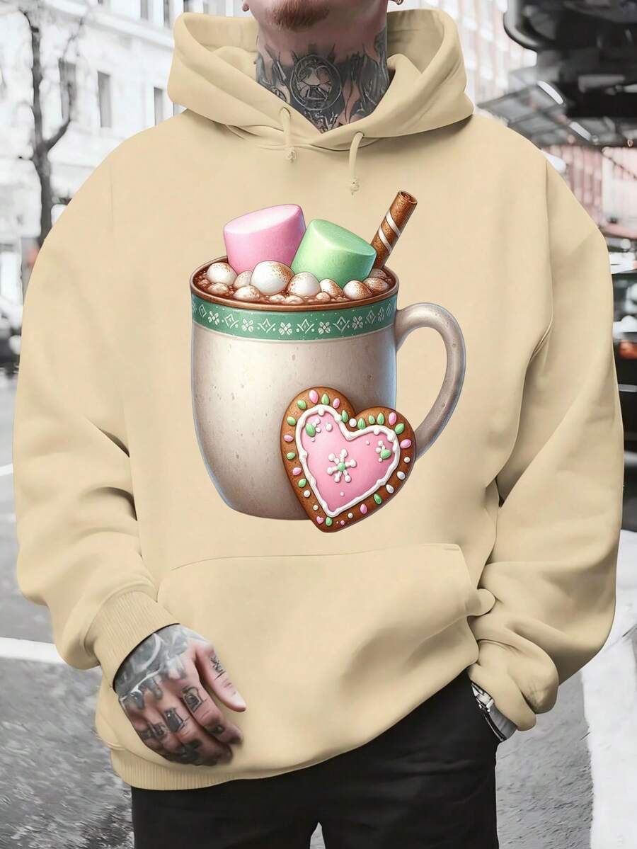 Men's Hooded Sweatshirt, Casual Style Men's Hooded T-Shirt With Hot Chocolate Mug Print Featuring Marshmallows, Heart-Shaped Cookie And Cinnamon Stick, Christmas Design Ideal For Everyday Wear, Social Events, Winter Festivities, Christmas Outfit Ideas, Perfect For Outdoor Activities, Parties, And The Best Gift For Friends. - 杏色 - 查看 1