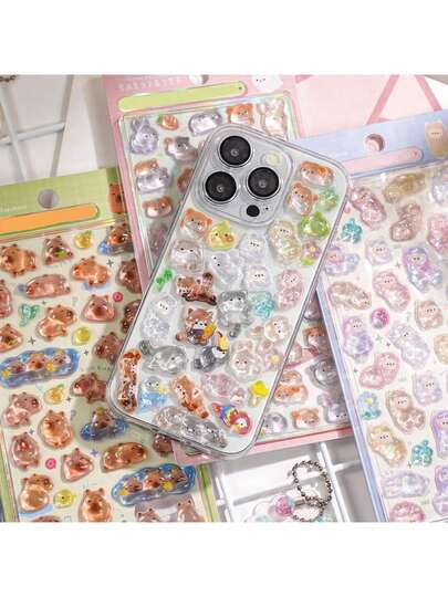 1张3D立体浮雕贴纸，日式/寿司/拉面/水豚/猪/动物/蛋糕图案，适用于装饰手机壳、笔记本电脑、笔记本、DIY工艺品。卡通宣传册装饰材料，装饰行李箱，透明闪光动物贴纸。