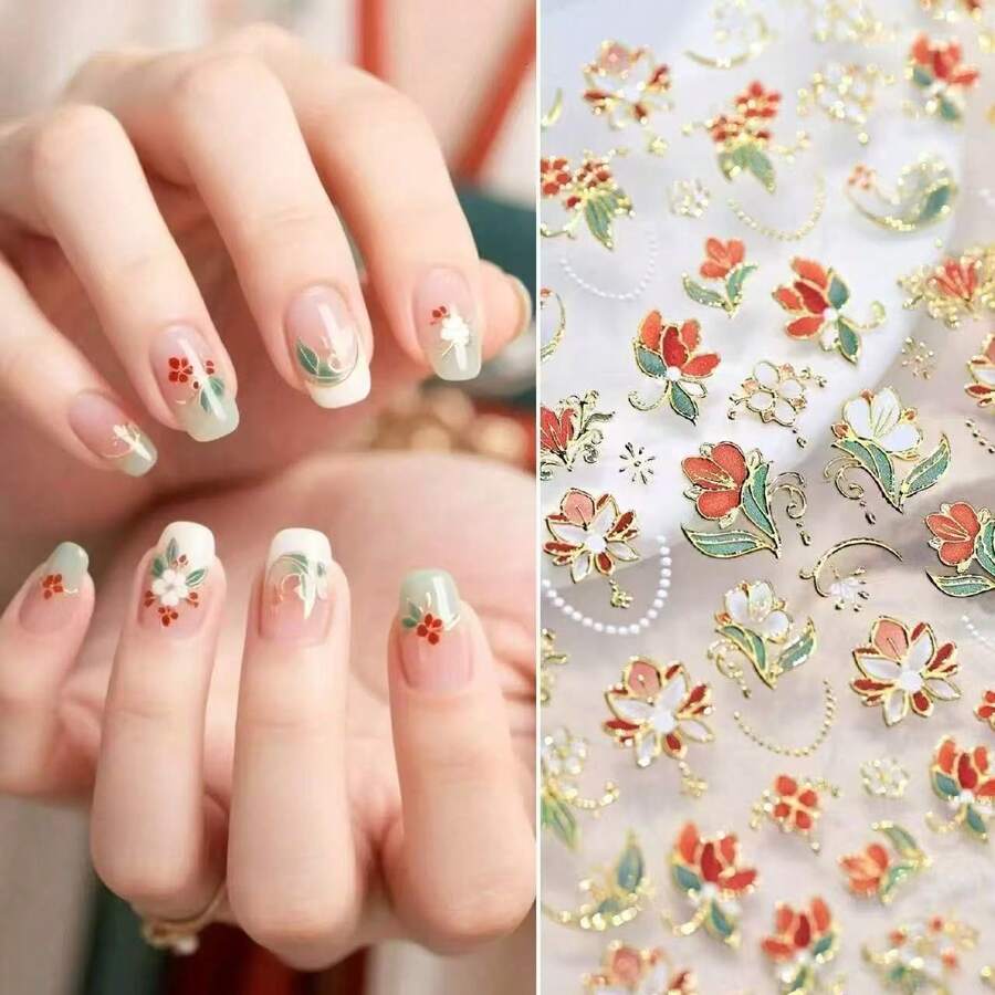 优雅奢华的中国风牡丹花美甲贴纸,金色美甲贴纸,中国风敦煌花束美甲装饰 - 彩色 - 查看 1