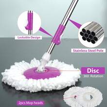 Crystals 360° FLOOR MAGIC SPIN MOP BUCKET SET MICROFIBER ROTATING DRY 2 HEADS - Purple - View 5
