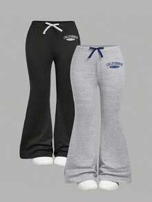 2pcs Girls Letter Print & Bow Decor Flare Pants