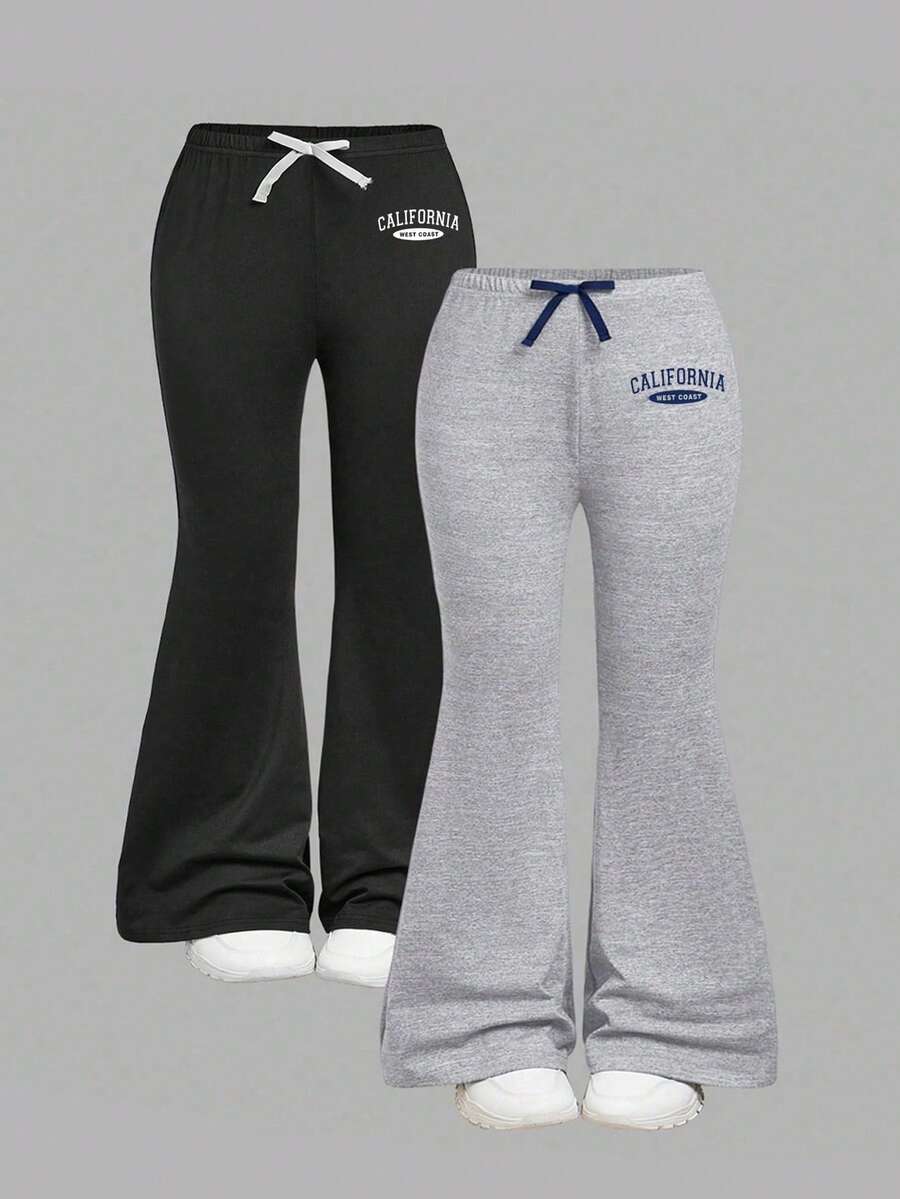 2pcs Girls Letter Print & Bow Decor Flare Pants