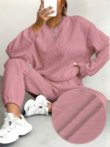 Women's Cozy Cable Knit 2-Piece Tracksuit Set - White & Multi Colors, Loose Fit, Long Sleeve Round Neck Top & Pocketed Joggers, Solid Color, Fall/Winter Outfit, Casual Outdoor Activewear, Versatile Full-Age Loungewear | Cable Knit Texture | Women's Minimalist Sporty Sweatsuit - 粉色 - 查看 4