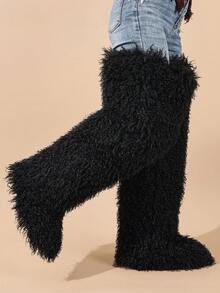 Women's Thigh-High Fur Boots, Over-The-Knee Fluffy High Boots, Women's Fur High Boots - Black - View 6