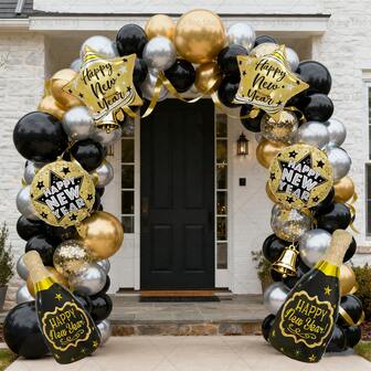 2026 Happy New Year Theme Balloon Set, Includes Happy New Year Bottle And 18-Inch Star & Round Foil Balloons, Suitable For 2026 Black & Gold New Year's Eve Party Balloon Decor, New Year's Eve Decor, Birthday, Graduation Ceremony, Photo Props, Holiday Decor, Surprise Gift For Friends