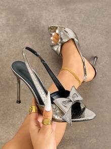 女士高跟鞋，适合春夏、晚宴、旅行、购物、聚会、T台走秀、通勤、约会、舞会等场合，时尚优雅，情人节礼物，春节礼物，蝴蝶结装饰，圆头，优雅踝带，细高跟，纯色，镜面抛光，大理石纹理，舒适材质，可搭配秋季连衣裙，性感，前卫，优雅，奢华，百搭，枪灰色高跟凉鞋 - 槍灰色 - 查看 1
