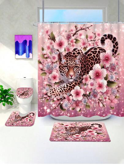 1/4pcs Pink Sakura Leopard Print Bathroom Set, Sweet & Cool Girl Style, Suitable For All Seasons And Festivals, Includes Shower Curtain, Toilet Mat, Floor Mat, Etc. Pink Sakura Background With Leopard Print, Rhinestone Sakura Flower Combination, Provides A Sweet & Dreamy Atmosphere. Fits Bathroom Full Scene, Can Quickly Upgrade Bathroom Style Or Create A Girly Space, Suitable For Daily Use Or As A Girly Gift.