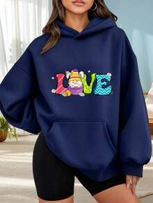 Fashionable Outdoor Hooded Sweater For Women. Black Hoodie With Easter Bunny Print And Vibrant LOVE Lettering For Everyday Wear, Social Occasions, Spring And Summer. Perfect For Dates, Holiday Gifts, And More. The Best Choice For A Date Night. - 藏蓝色 - 查看 1