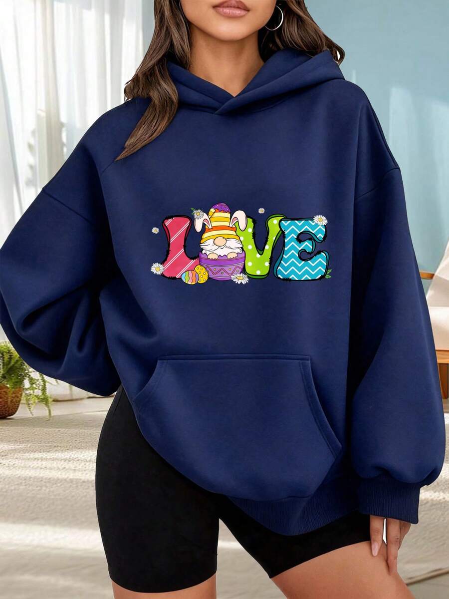 Fashionable Outdoor Hooded Sweater For Women. Black Hoodie With Easter Bunny Print And Vibrant LOVE Lettering For Everyday Wear, Social Occasions, Spring And Summer. Perfect For Dates, Holiday Gifts, And More. The Best Choice For A Date Night. - 藏蓝色 - 查看 1