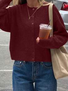 FOR BEAUTY Autumn New Solid Color Round Neck Single-Breasted Long Sleeve Knit Cardigan, Gentle, Elegant, Romantic, Casual, Lazy, Fashionable, Minimalist Versatile, Suitable For Outings, Valentine's Day Dates, Commuting And Various Occasions. This Sweater And Cardigan Is An Ideal Choice For Women's Spring Wear. - Burgundy - View 5