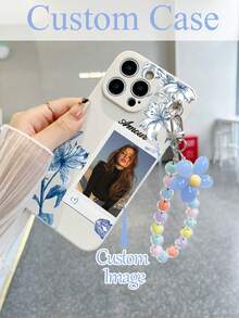 1pc Customizable White TPU Phone Case With Floral Print Background, And 1pc Blue Flower Beaded Bracelet, Customized Phone Case, Anniversary Gift, Valentine's Day Gift, Birthday Gift, Wedding Gift - Multicolor - View 1