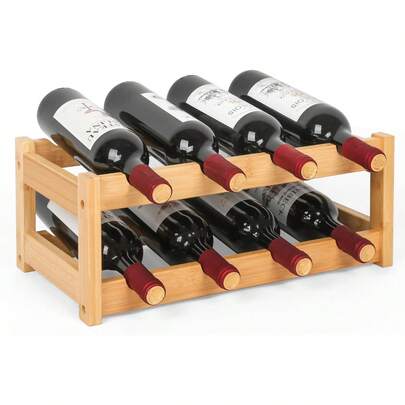 VASMIA Wine Rack, 2-Tier Bamboo Wine Racks Countertop Cabinet Wine Holder Wine Storage Shelf For Pantry Kitchen Bar, Natural