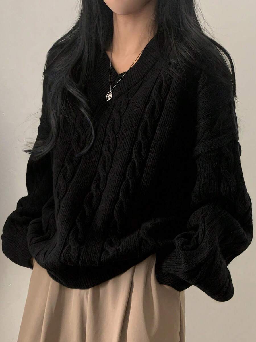 休闲宽松针织上衣，简约V领设计，复古风格，情人节必备，黑色 - 黑色 - 查看 1