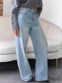 Women's Straight-Leg Slim-Fit Wide-Leg Jeans - Mid-Waist Street-Style Denim Trousers, Suitable For Both Casual And Fashion Outfits - 淺藍色2 - 查看 3