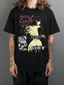 Basic Alice In Chains Band T-Shirt, Unisex, Rock Grunge 90s Print, Black, 100% Cotton, Comfortable - 黑色 - 查看 1