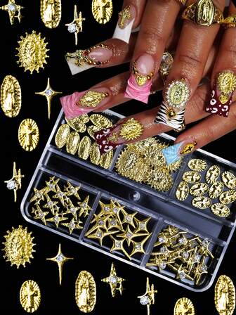 60 Pieces New Charming Y2K Style Gold Metal Rhinestones Embossed Religious Portrait Polaris Nail Jewelry Accessories Set, Fragrance Free 3D Nail Art Alloy Religious Style Decorative Patches, Handmade DIY Art Decorative Accessories, 3D Nail Art False Nails Cell Phone Case Decorative Jewelry, Nail Art Rhinestones And Decorative Jewelry Gift Set