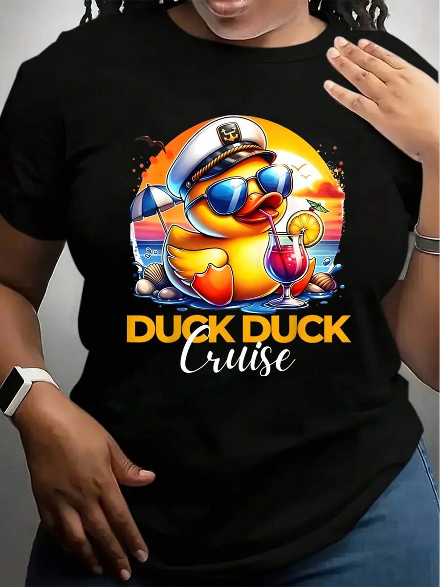 Women Casual T Shirt White Duck Duck Cruise Summer Beach Vacation Design For Travel And Holiday Wear - 黑色 - 查看 1