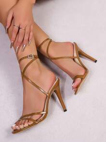 Summer New Lace-Up High Heel Shoes, Slim High Heels Highlight Slender Legs, Sexy Criss-Cross Strap High Heel Sandals, Glossy And Slim Without Foot Abrasion, Black Slim High Heel Sandals, Rhinestone Buckle, Versatile For Various Styles, Fashionable Lace-Up Slim High Heel Sandals, Non-Slip And Stable, Must-Have Item For Sexy Ladies, Black Criss-Cross Strap High Heel Shoes, Glossy Texture, Street-Catching Weapon - Brown - View 3