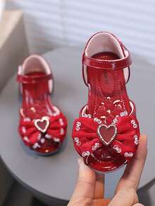 1 Pair Toddler Girls' Fashionable Flat Sandals, Elegant & Versatile Open Toe Princess Sandals - Red - View 4