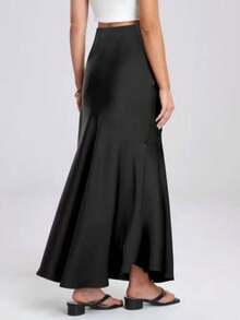 Women's Black Polyester Mermaid Skirt Long Length Ruffle Hem Elegant Style - Black - View 5