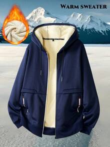 Men's Fashionable Casual Multi-Function Warm Hooded Zip-Up Jacket, Sherpa Lining Casual Hoodie Jacket, Thick Sherpa Full Zip Hooded Sweatshirt, Suitable For Autumn/Winter, Warm Long Sleeve, Men's Warm Wear, Winter Clothing - Navy Blue - View 9