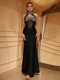 Love Aing Svart damklänning, utsmyckad med strass, nätpaneler, elegant och formell för nyårsfest, bröllopsgäst, lyxig gala, högtidsfirande, sjöjungfrusilhuett