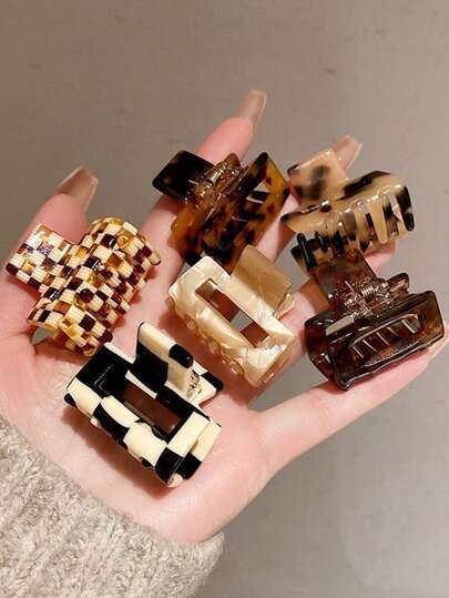 6pcs Leopard Checkerboard Acetate Elegant Small Hair Clips, Stylish Hairpins For Women Women Hair Accessories
