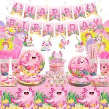 DPink Axolotl Birthday Party Decorations - Axolotl Party Plies Including Banner Plate Cake Topper Cup Napkin Balloon Tablecloth - Serves 20 - 粉色 - 查看 1