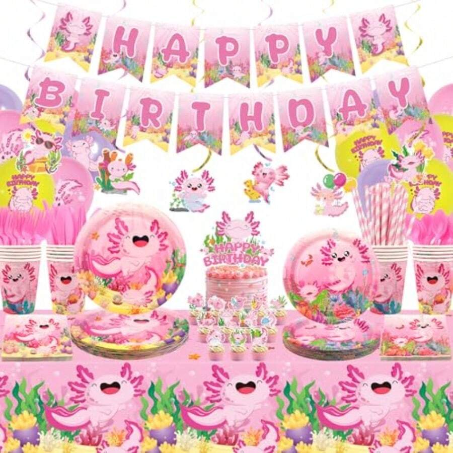 DPink Axolotl Birthday Party Decorations - Axolotl Party Plies Including Banner Plate Cake Topper Cup Napkin Balloon Tablecloth - Serves 20 - 粉色 - 查看 1