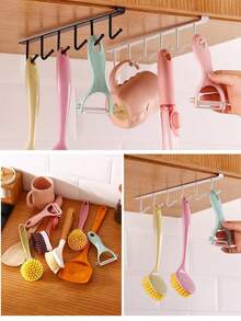 2/1 pieza Estante de almacenamiento multifuncional para gabinete de cocina con 6 ganchos - Montado en la pared, antideslizante, elegante soporte plástico para tazas, cubiertos y copas de vino, ganchos prácticos para artículos, accesorios y utensilios de cocina - Multicolor - Ver 3