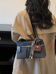 1个BEIKAMU纯色拉链方正包，多功能，适合工作通勤、购物，女士单肩包和斜挎包 - 黑色 - 查看 4