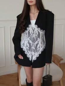 Women's Lace Patchwork V-Neck Long Sleeve Blazer Jacket, Suitable For Evening Date, Birthday Party, Formal Dinner, Autumn/Spring Black - Black - View 6