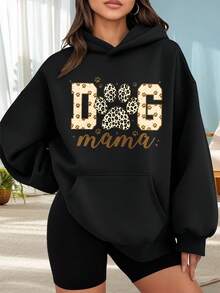 Fashionable Outdoor Hooded Sweater For Women. Black Hoodie With Dog Paw Print And "Dog Mama" Text For Dog Lovers. Casual Style. Perfect For Dates, Outings, And Holiday Gifts. - 黑色 - 查看 6