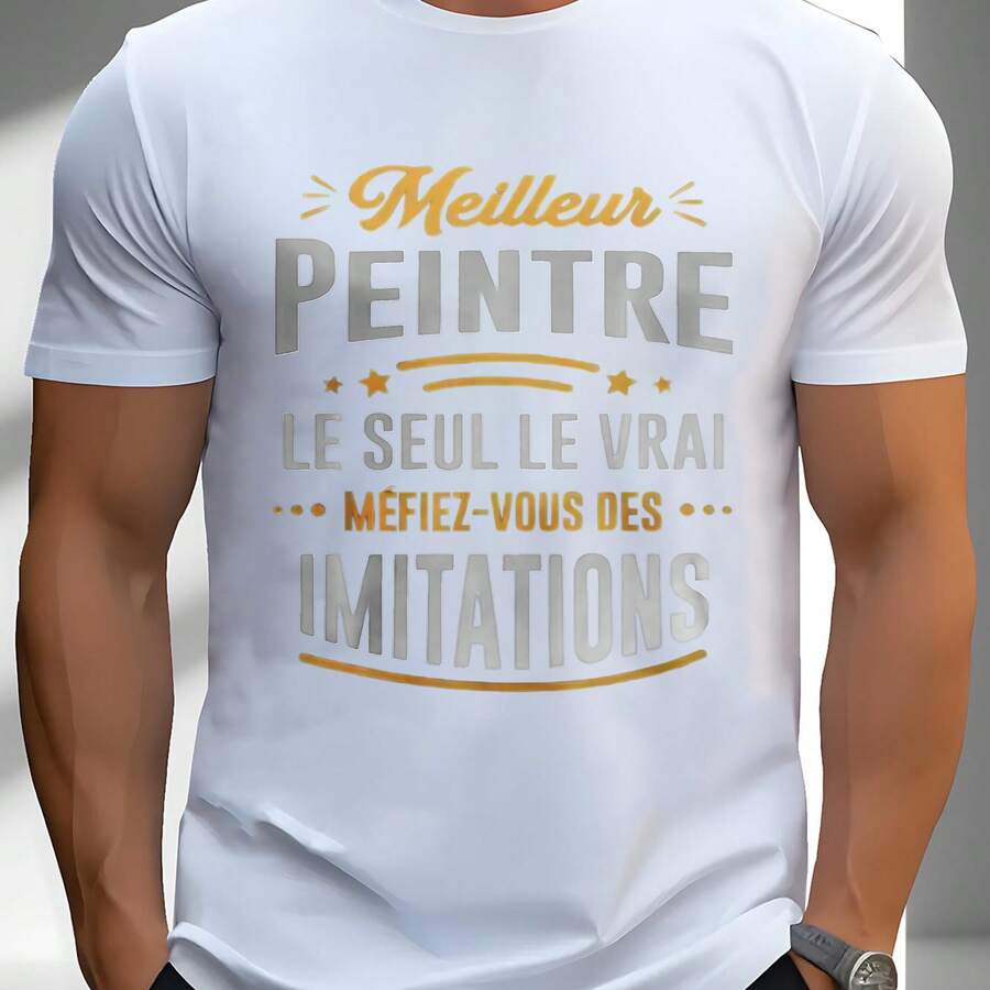 2026 New Men's T-Shirt Short Sleeve Black Shirt With French Text Print Best Painter The Only True Beware Of Imitations For Daily Use Social Occasions And Season All Year Round Comfortable And Versatile Everyday Outfits - 白色 - 查看 1