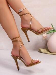 Summer New Lace-Up High Heel Shoes, Slim High Heels Highlight Slender Legs, Sexy Criss-Cross Strap High Heel Sandals, Glossy And Slim Without Foot Abrasion, Black Slim High Heel Sandals, Rhinestone Buckle, Versatile For Various Styles, Fashionable Lace-Up Slim High Heel Sandals, Non-Slip And Stable, Must-Have Item For Sexy Ladies, Black Criss-Cross Strap High Heel Shoes, Glossy Texture, Street-Catching Weapon - Brown - View 2