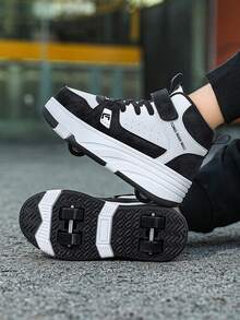 男女童四轮滑冰鞋，新款儿童轮滑运动鞋，四季通用PU皮革轻便耐用轮滑鞋，时尚魔术贴可调节高帮双轮隐形轮滑鞋，可拆卸轮子，二合一轮滑冰鞋，带轮运动鞋