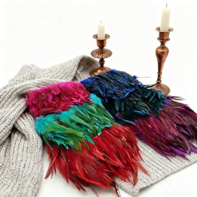 39英寸/1米 4-6英寸/10-15厘米 双色黑白人造羽毛装饰丝带，适用于DIY工艺品缝纫、婚纱、派对、嘉年华装饰