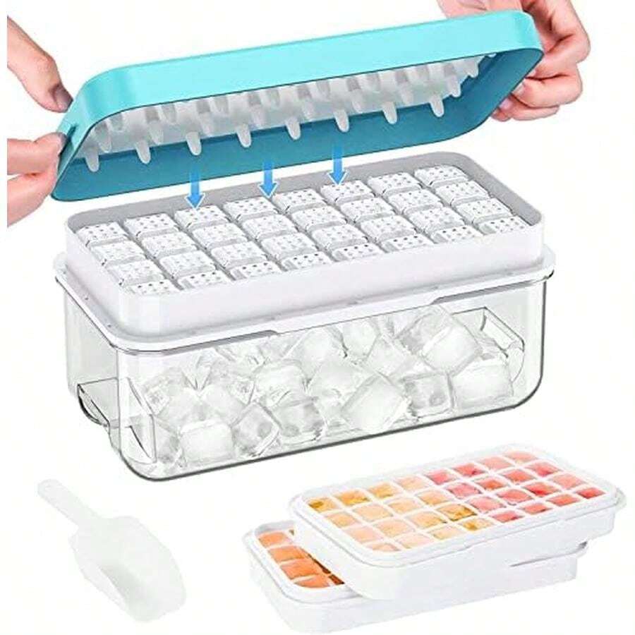 Bandeja De Compartimento De Hielo Con Tapa Y Cubitera, 2 * 32 Cubiteras Cuadradas, Molde De Cubitos De Hielo Reutilizable, Molde De Hielo Presionado Para Liberar Todos Los Cubitos De Hielo - Azul - Ver 1