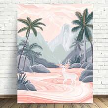 Arte de pared en lienzo retro moderno con palmeras y ciervos en un paisaje de agua dulce, póster impreso de alta calidad, marco de madera, lienzo envuelto, adecuado para sala de estar, dormitorio, cocina, baño - Postura vertical, decoración elegante para colgar en la pared, decoración de pared interior |   Arte de escena tranquila |   Marco de Lienzo Envolvente, Decoración de Arte de Pared - Multicolor - Ver 7