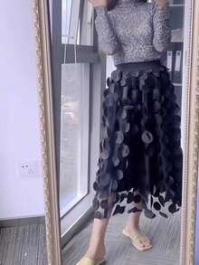 Falda acampanada vintage, falda de tul con lunares de talle alto para mujer, versátil para otoño/invierno - Negro - Ver 3