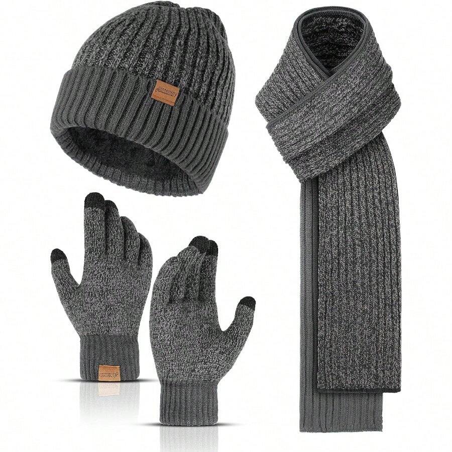 Winter Beanie Hats For Men Long Neck Scarf And Touchscreen Gloves Set With Fleece Lined Skull Caps Gifts For MenMen Gloves Set - DarkGreygrey - View 1