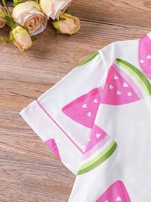 女士西瓜印花睡衣套装（两件套），柔软面料短袖衬衫，带领子和纽扣，弹性短裤，时尚睡衣，适合户外、派对、度假、休闲穿着。 - 粉色 - 查看 4